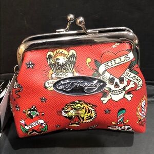Ed hardy red ed hardy iconic prints kiss lock coin purse brand new